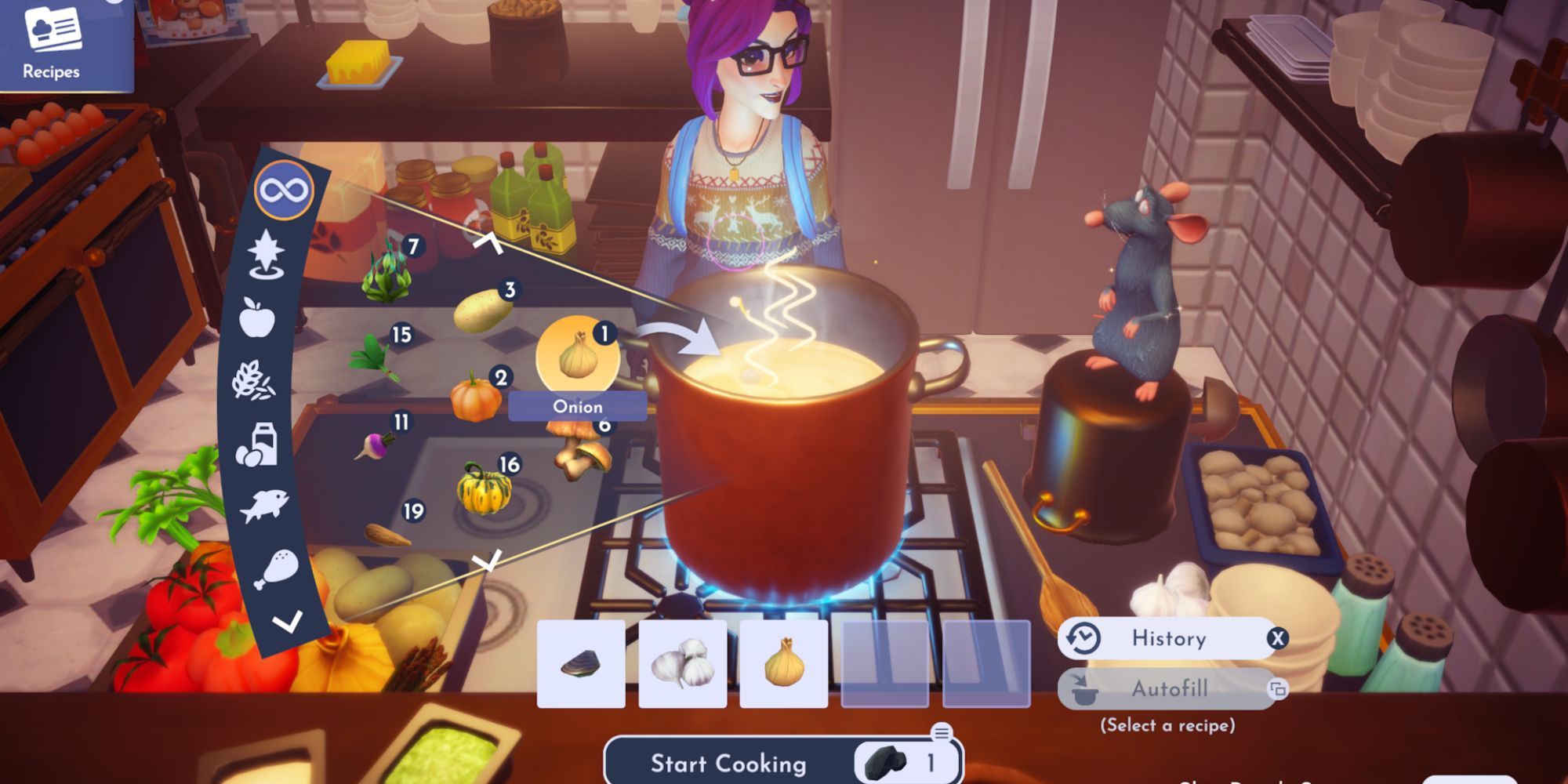 Cooking with Garlic Steam Mussel recipe ingredients in Disney Dreamlight Valley