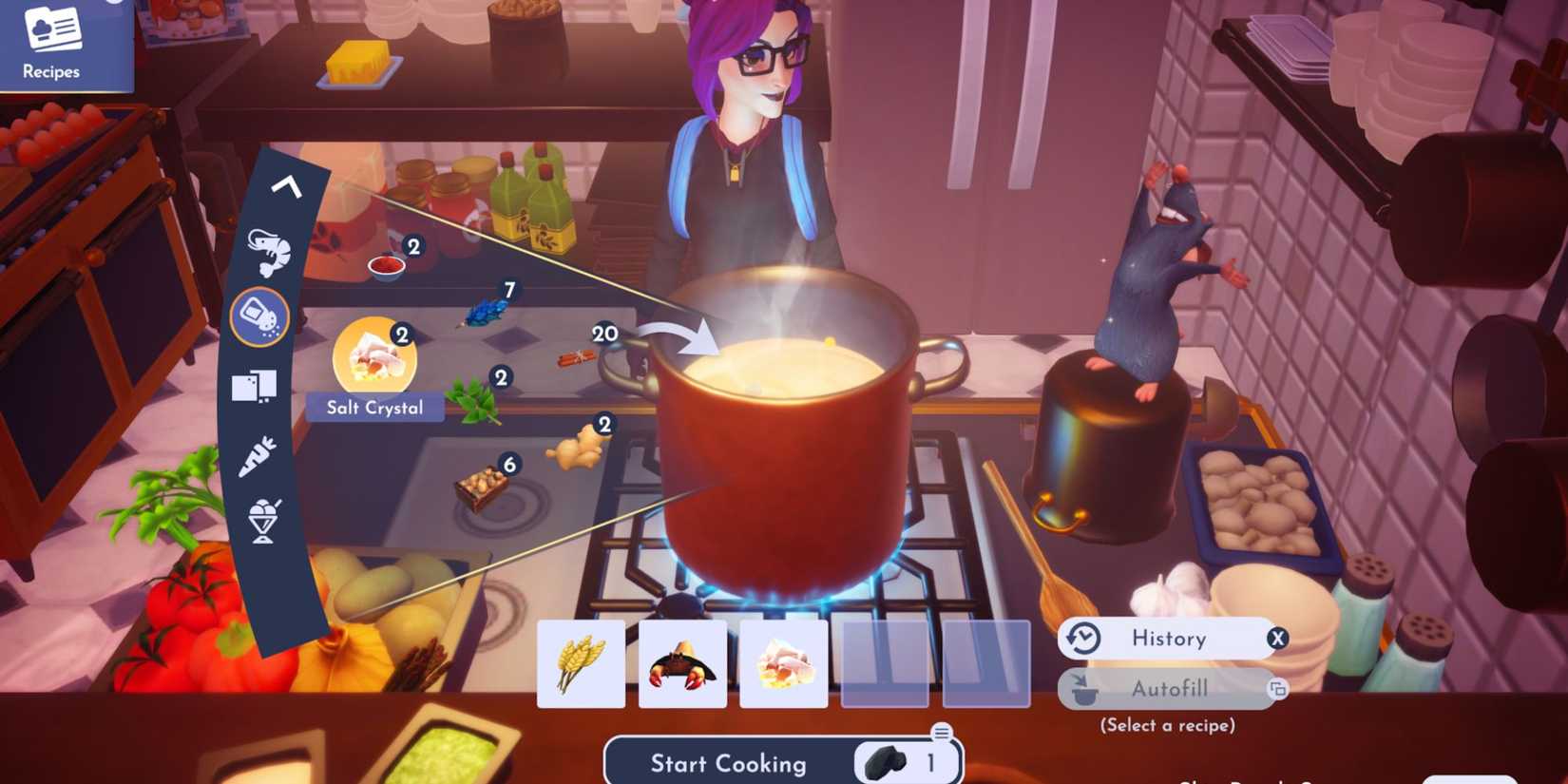 Cooking with Hermit Crab Pasta recipe ingredients in Disney Dreamlight Valley