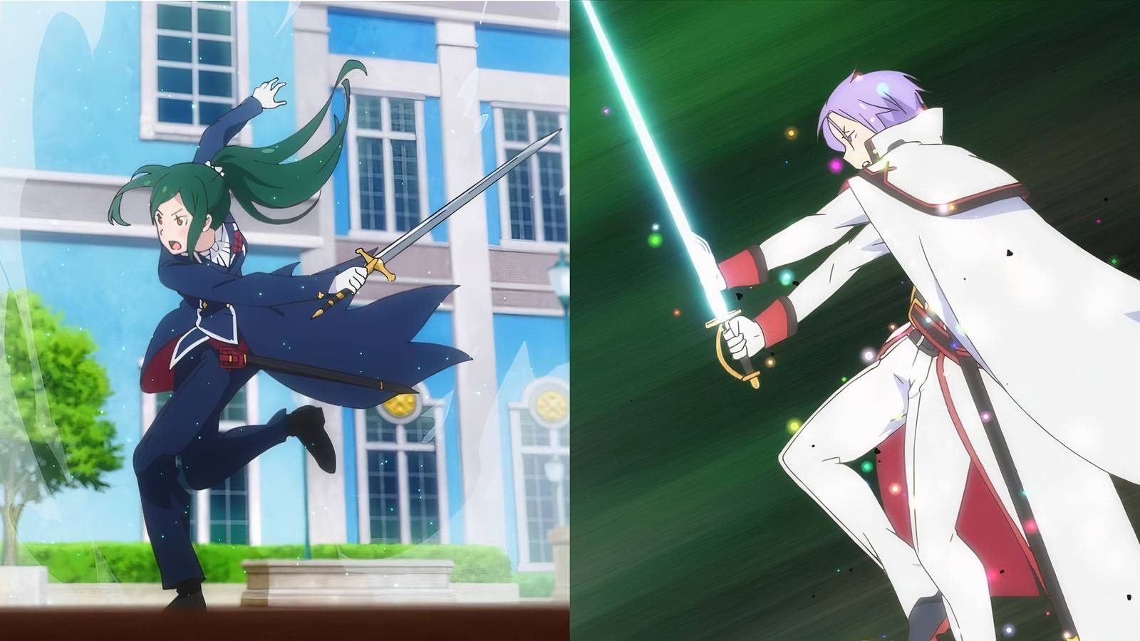 Crusch Karsten using her sword to deliver a wind attack while Julius harnesses his spirits in Re:Zero