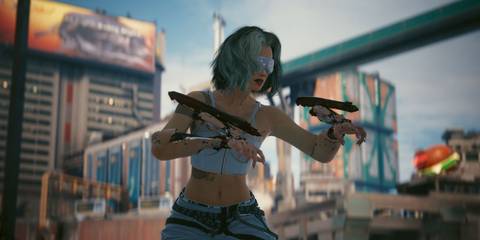 Cyberpunk 2077 player standing in the open with mantis blades