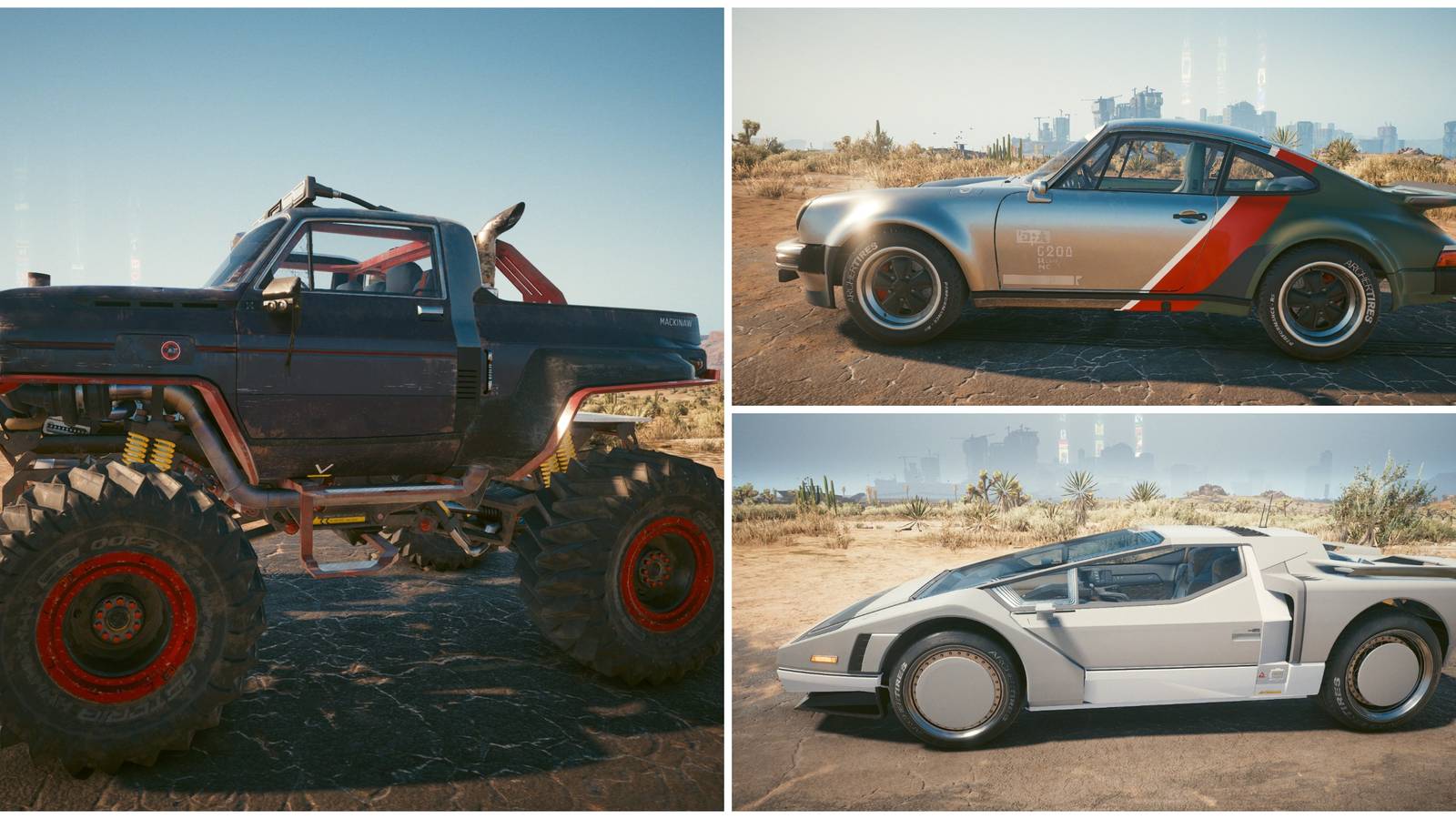 cyberpunk 2077 porsche, monster truck, delorean