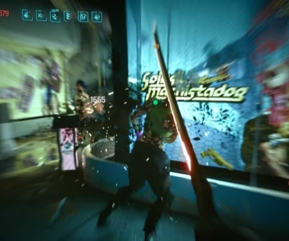 Cyberpunk 2077-spelare som slåss med en katana