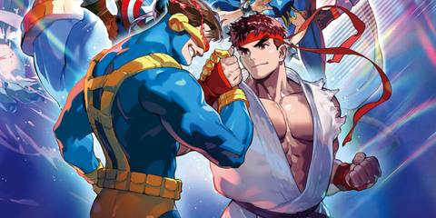 Cyclops And Ryu shake hands in front of a vibrant blue background in this new artwork from Marvel vs Capcom Fighting Collection.