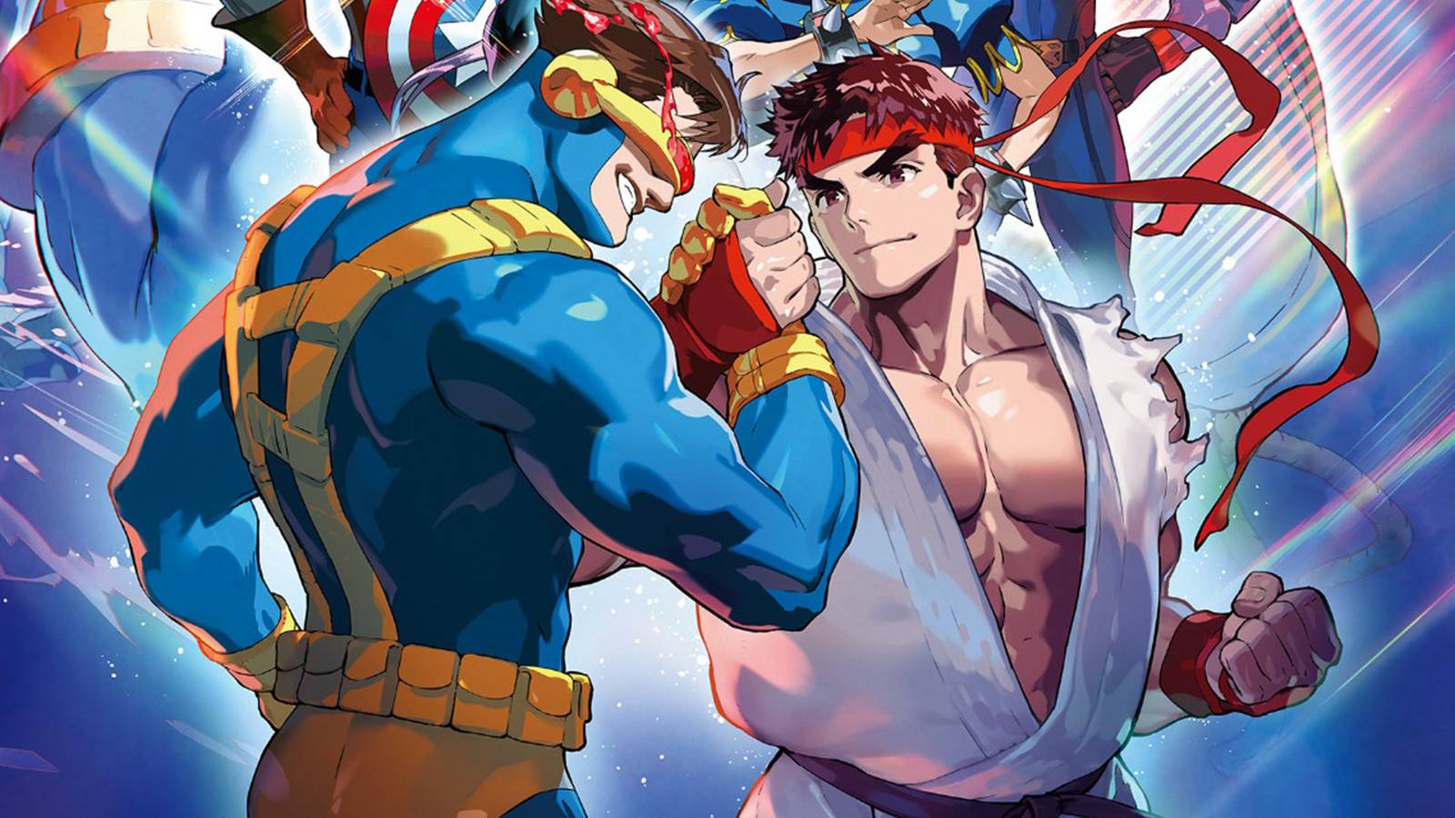 Cyclops And Ryu shake hands in front of a vibrant blue background in this new artwork from Marvel vs Capcom Fighting Collection.