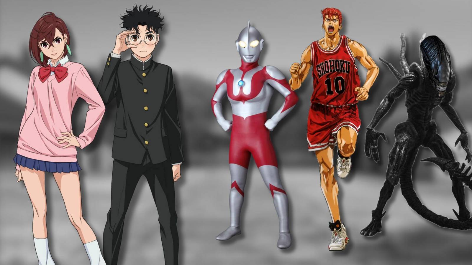Okarun and Momo alongside three characters from other franchises that are referenced in Dandadan: Ultraman from Ultraman, Hanamichi Sakuragi from Slam Dunk and the Xenomorph from Alien.