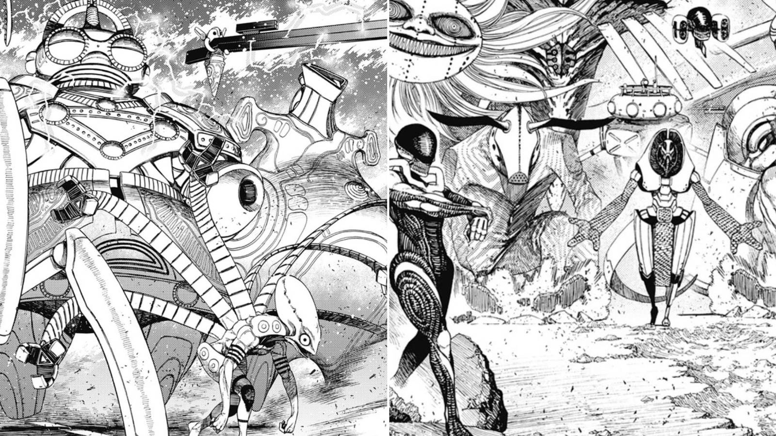A collage of 2 big cover spreads in Dandadan that feature almost every Kur Exosuit introduced in the series.