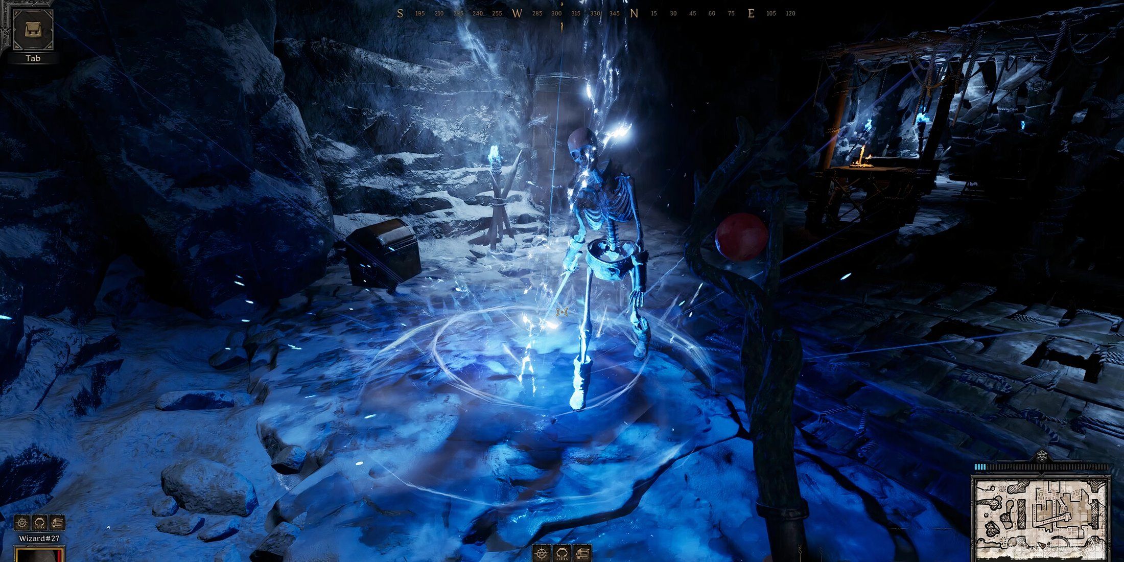 Character casting a spell on a skeletal enemy in Dark and Darker