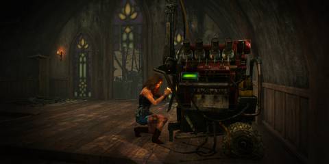 A survivor repairing a generator inside a church