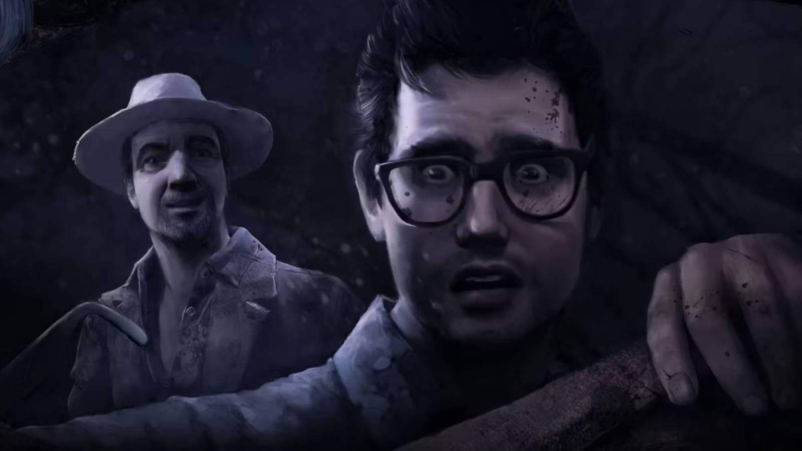 A surprised Dwight looking at the viewer with Ace from Dead by Daylight