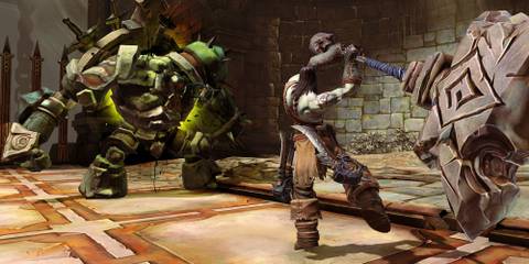 Death fighting an enemy with a hammer.