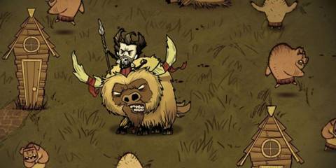 Wilson riding beefalo in pigman village