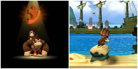 Split image of Diddy Kong and Donkey Kong with a puzzle piece and Donkey Kong with a barrel in Donkey Kong Country Returns HD