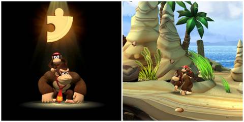 Split image of Diddy Kong and Donkey Kong with a puzzle piece and the beginning of Peaceful Pier in Donkey Kong Country Returns HD