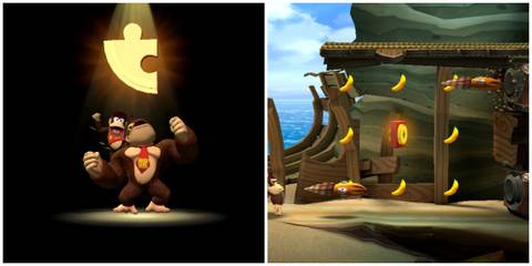 Split image of Donkey Kong and Diddy Kong with a puzzle piece and the O Letter in Donkey Kong Country Returns HD