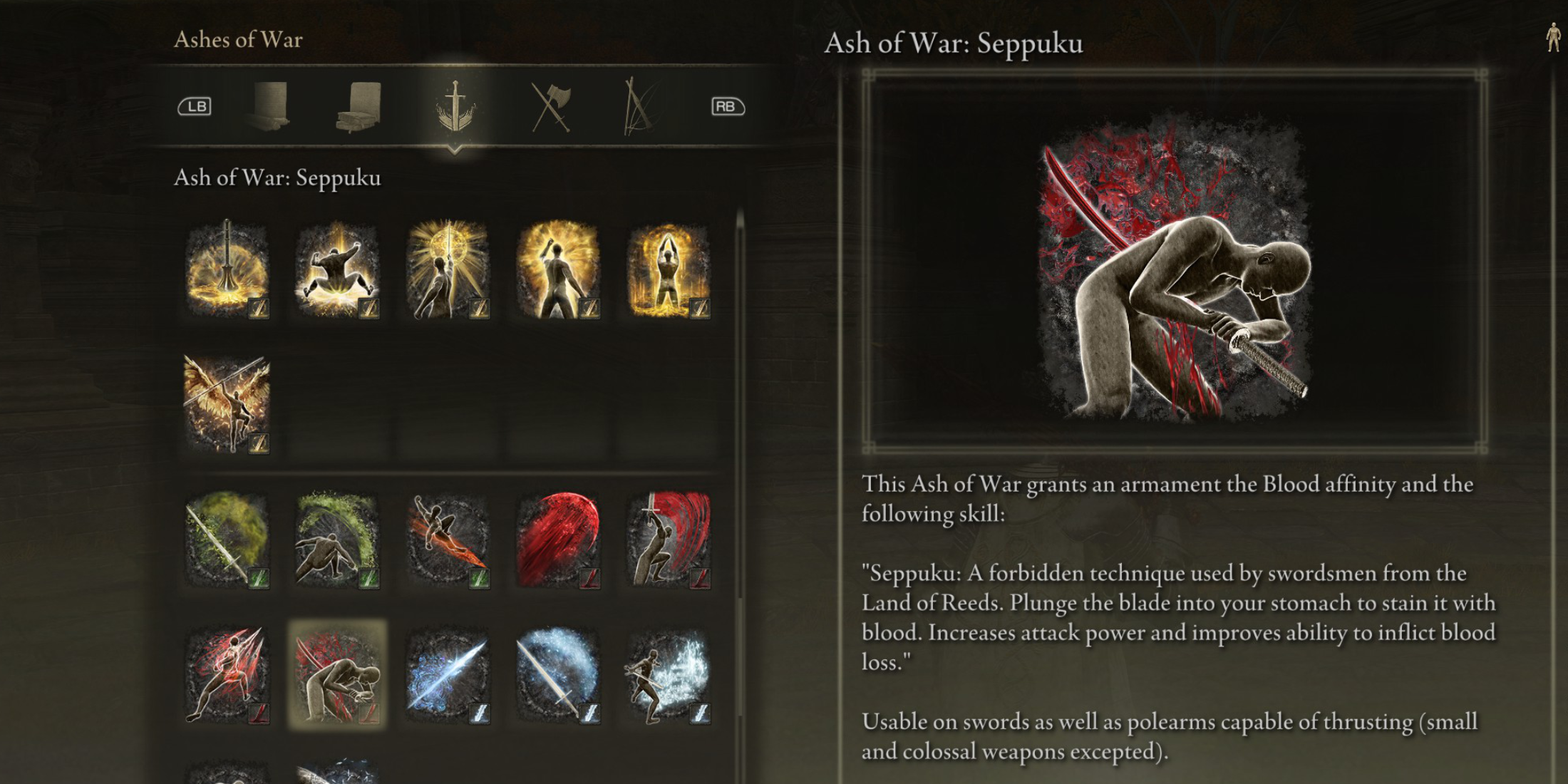 Elden Ring All Ashes of War Affinities Weapon Skills SOTE Bleed Affinity Ash of War Seppuku