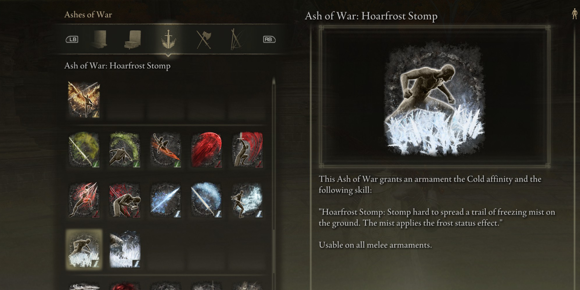 Elden Ring All Ashes of War Affinities Weapon Skills SOTE Cold Affinity Ash of War Hoarfrost Stomp