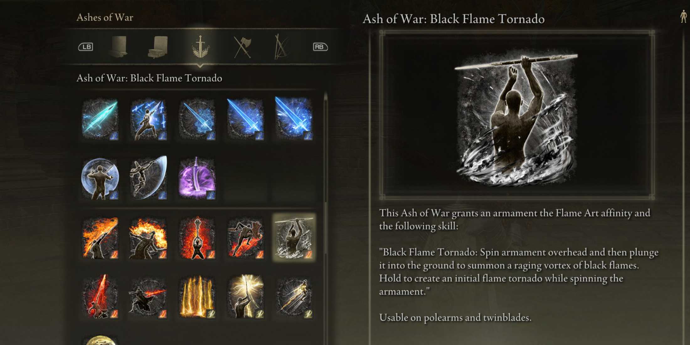 Elden Ring All Ashes of War Affinities Weapon Skills SOTE Fire Affinity Ash of War Black Flame Tornado