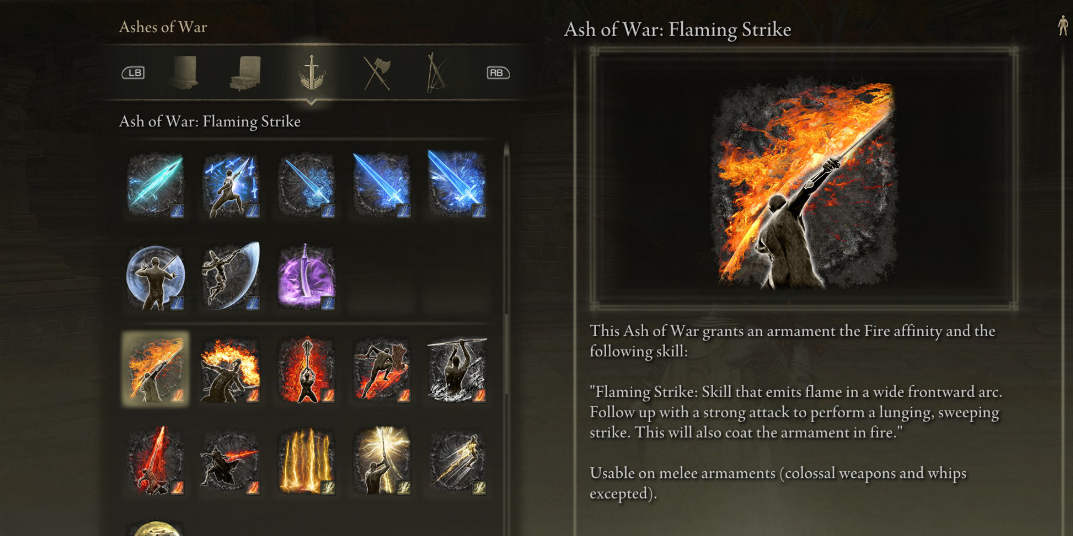 Elden Ring All Ashes of War Affinities Weapon Skills SOTE Fire Affinity Ash of War Flaming Strike