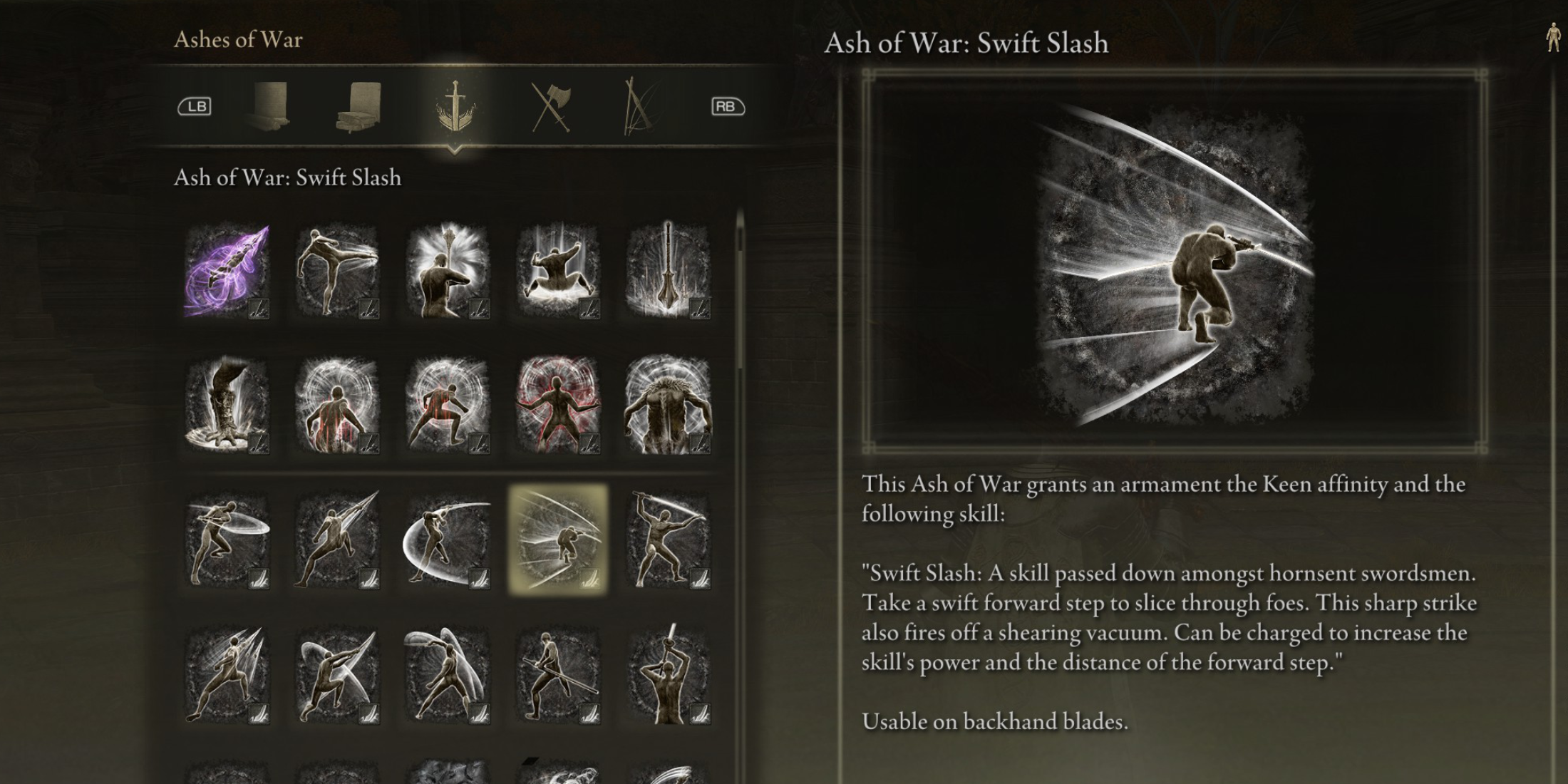 Elden Ring All Ashes of War Affinities Weapon Skills SOTE Keen Affinity Ash of War Swift Slash