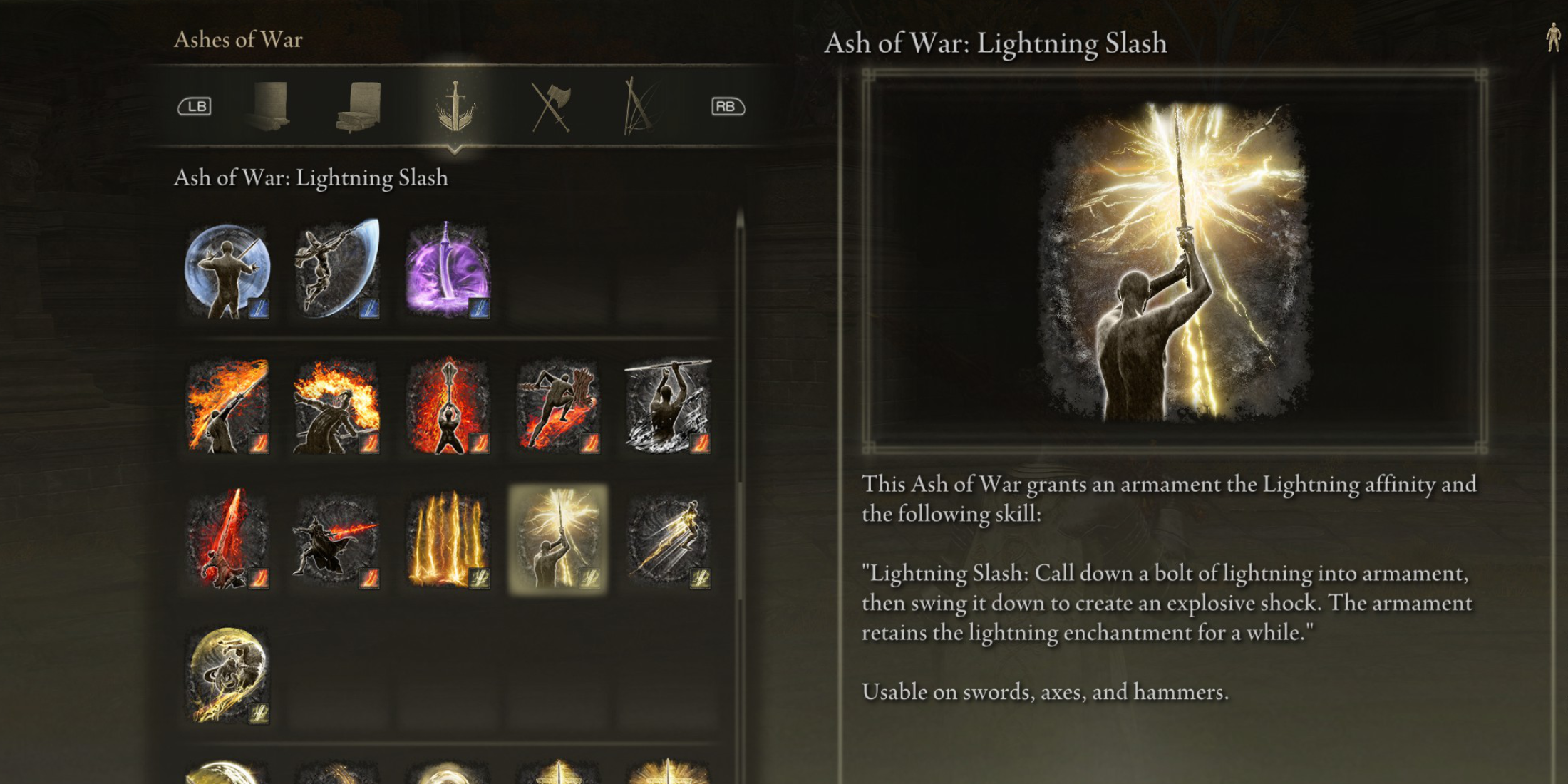 Elden Ring All Ashes of War Affinities Weapon Skills SOTE Lightning Affinity Ash of War Lightning Slash