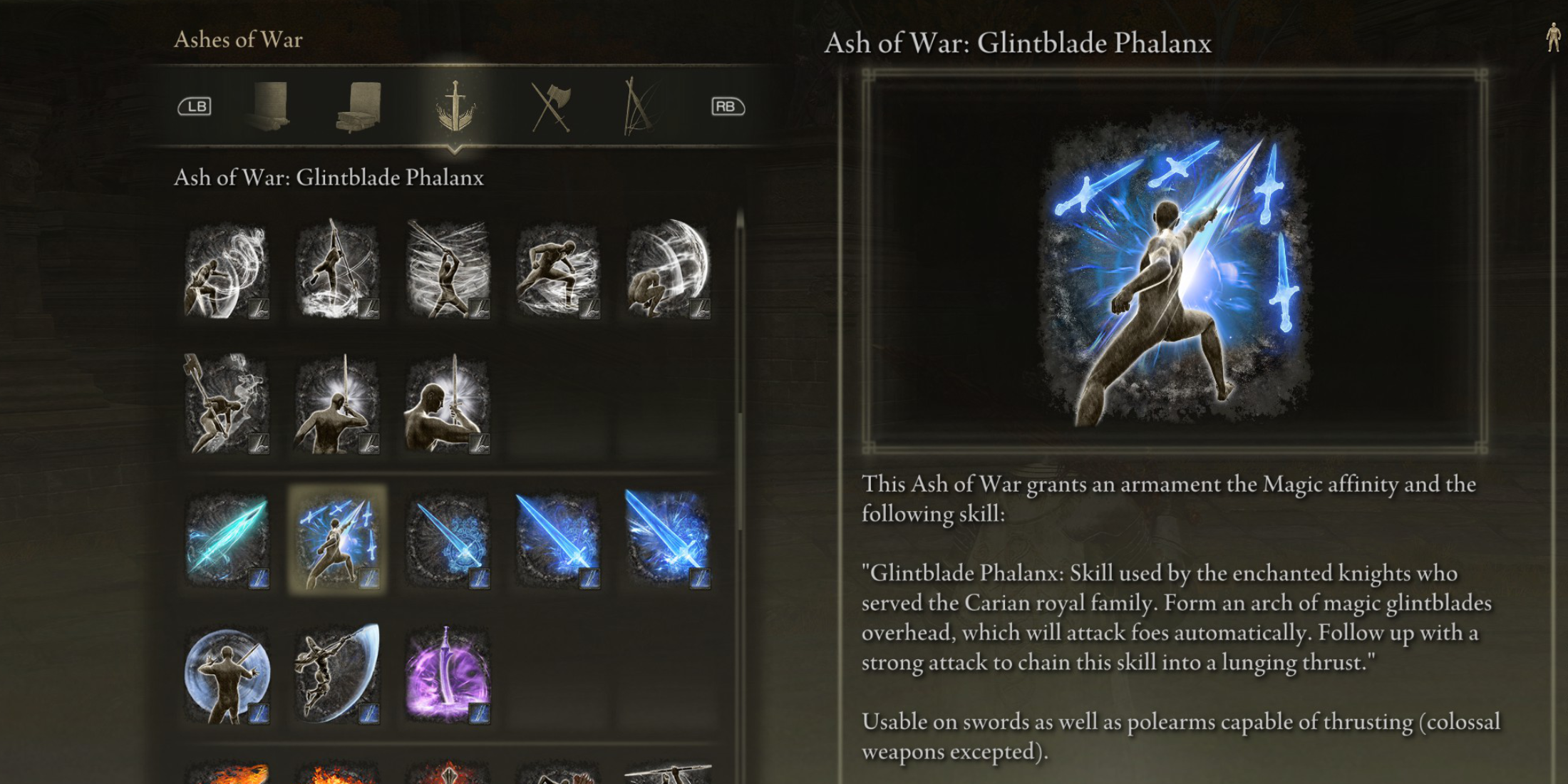 Elden Ring All Ashes of War Affinities Weapon Skills SOTE Magic Affinity Ash of War Glintblade Phalanx