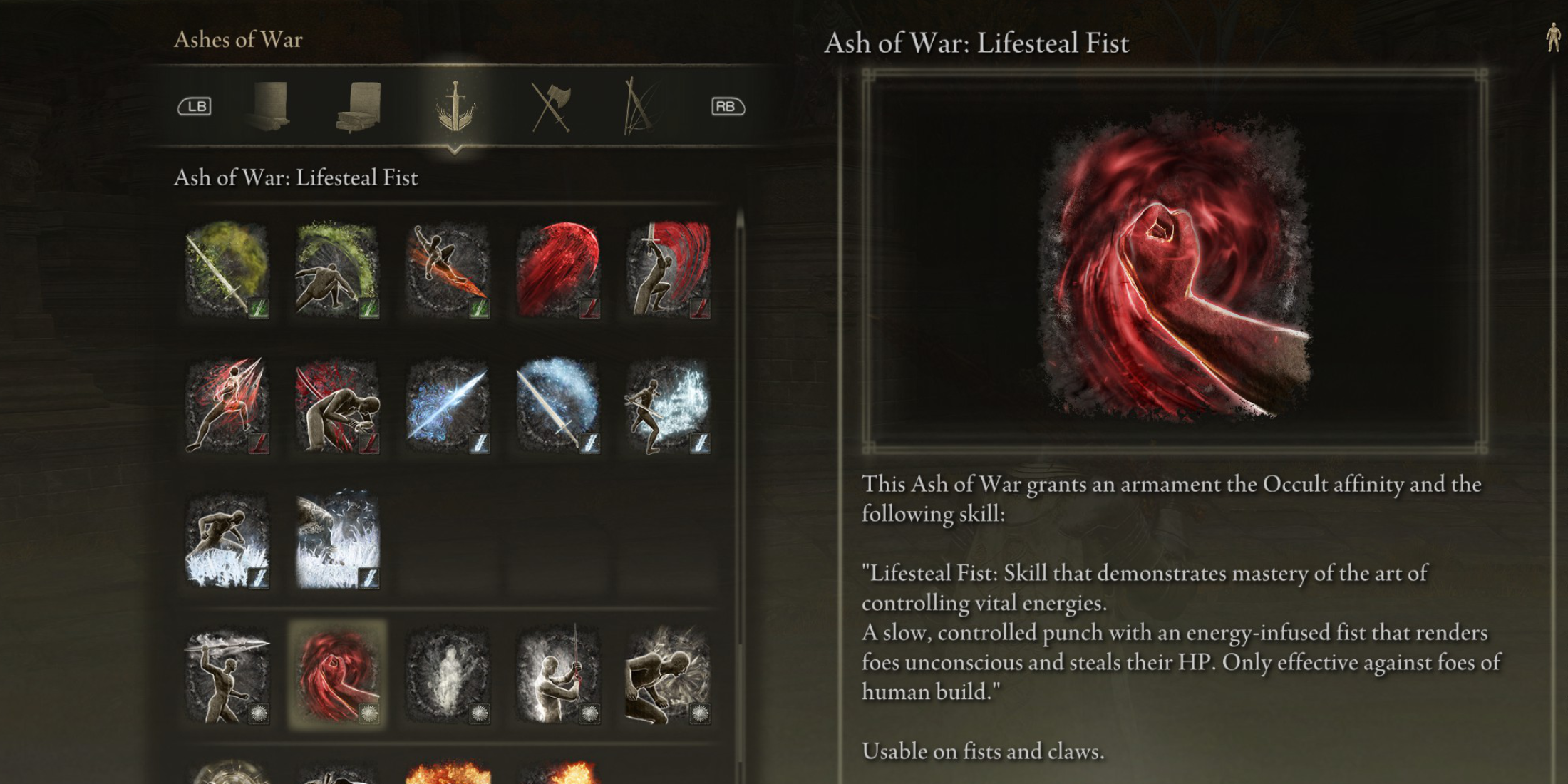 Elden Ring All Ashes of War Affinities Weapon Skills SOTE Occult Affinity Ash of War Lifesteal Fist