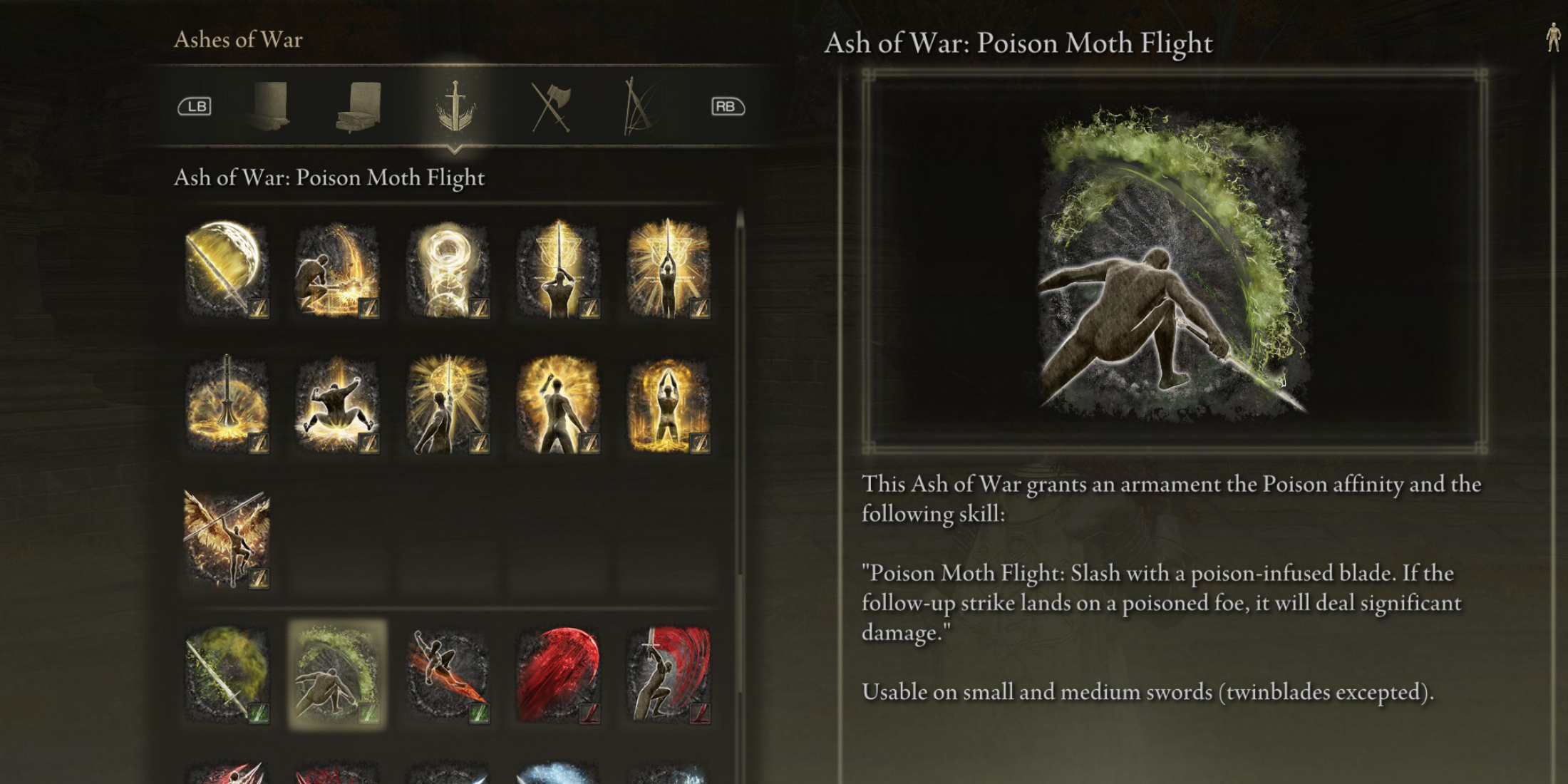 Elden Ring All Ashes of War Affinities Weapon Skills SOTE Poison Affinity Ash of War Poison Moth Flight