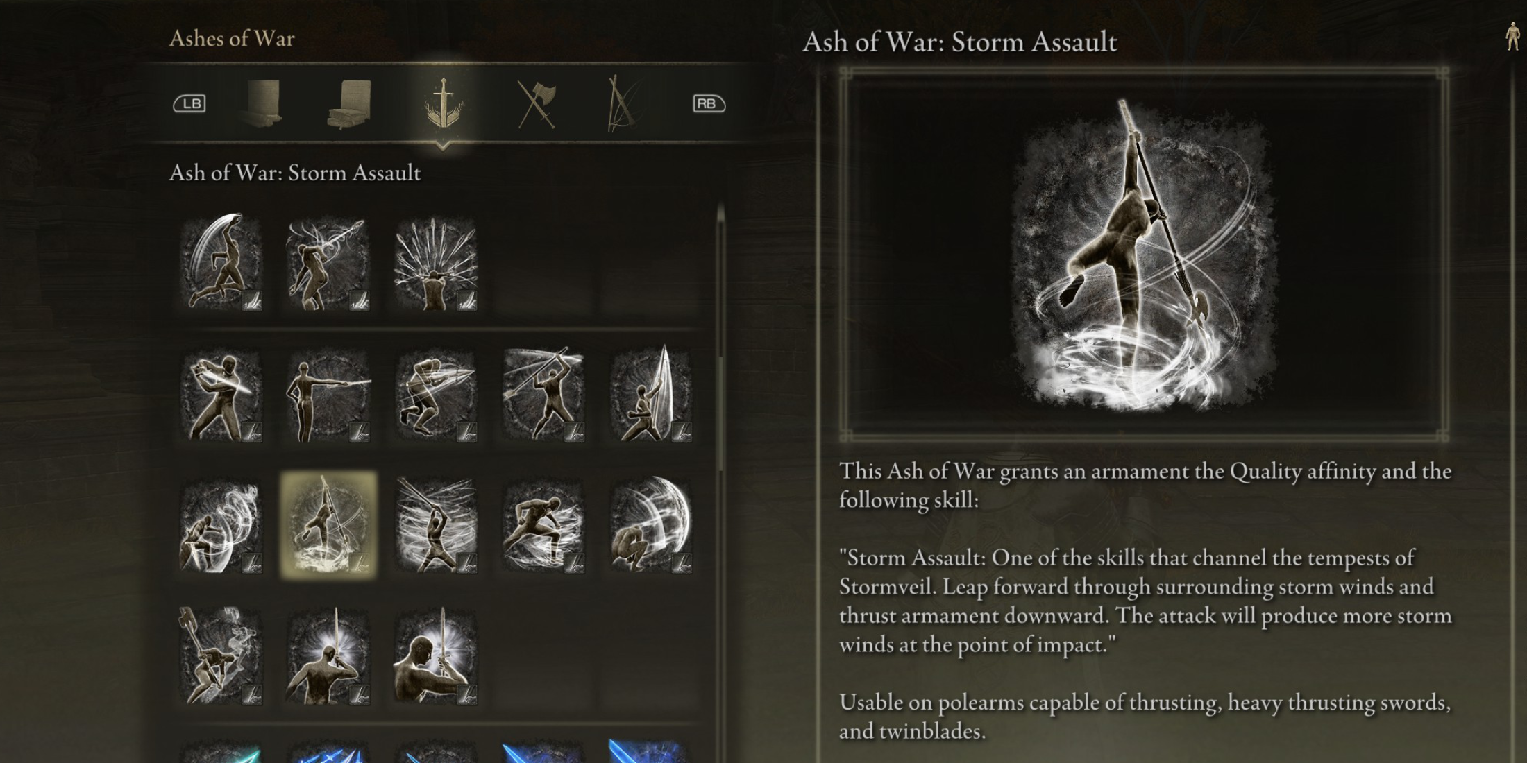 Elden Ring All Ashes of War Affinities Weapon Skills SOTE Quality Affinity Ash of War Storm Assault