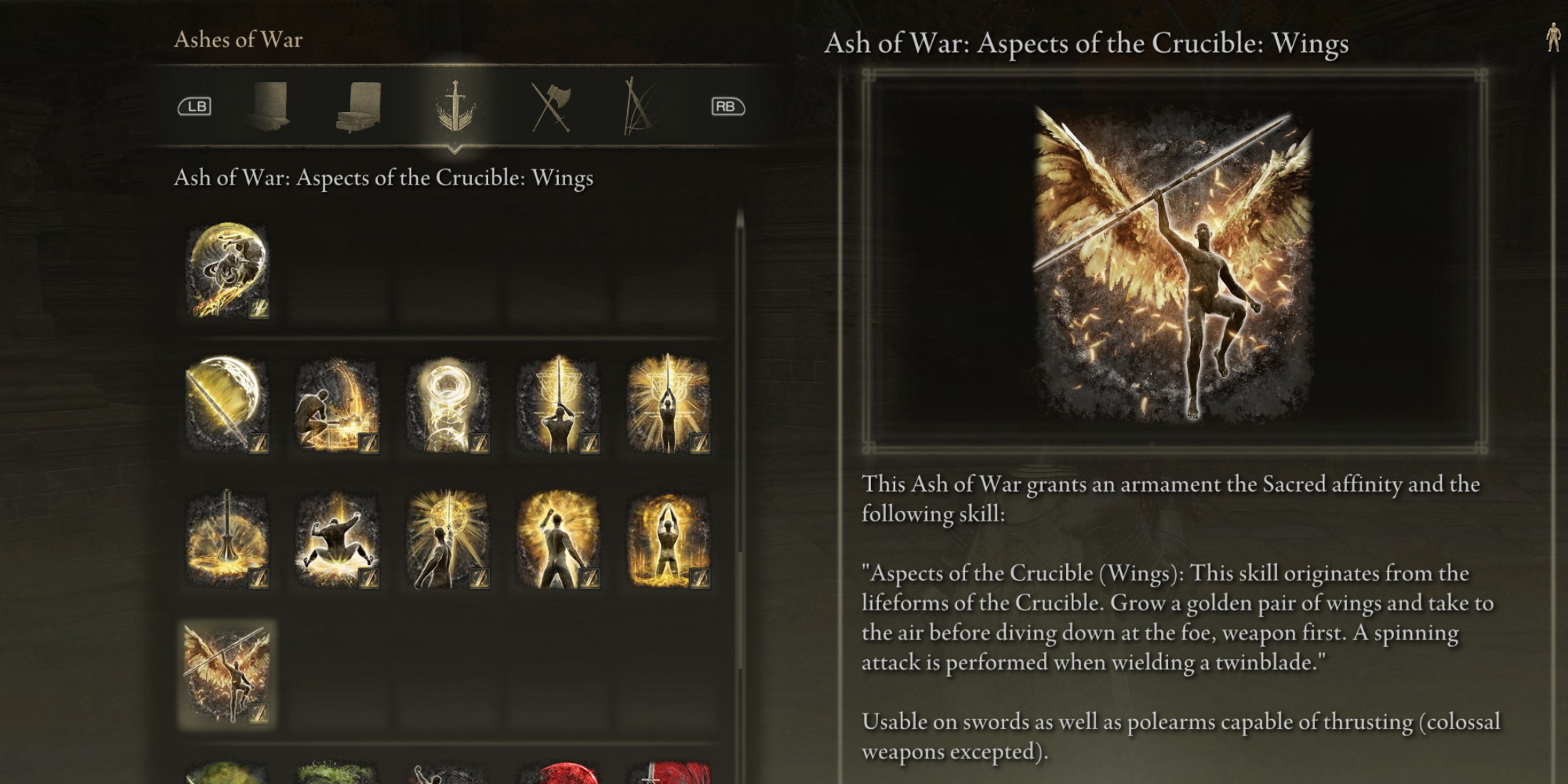 Elden Ring All Ashes of War Affinities Weapon Skills SOTE Sacred Affinity Ash of War Aspect of Crucible Wings