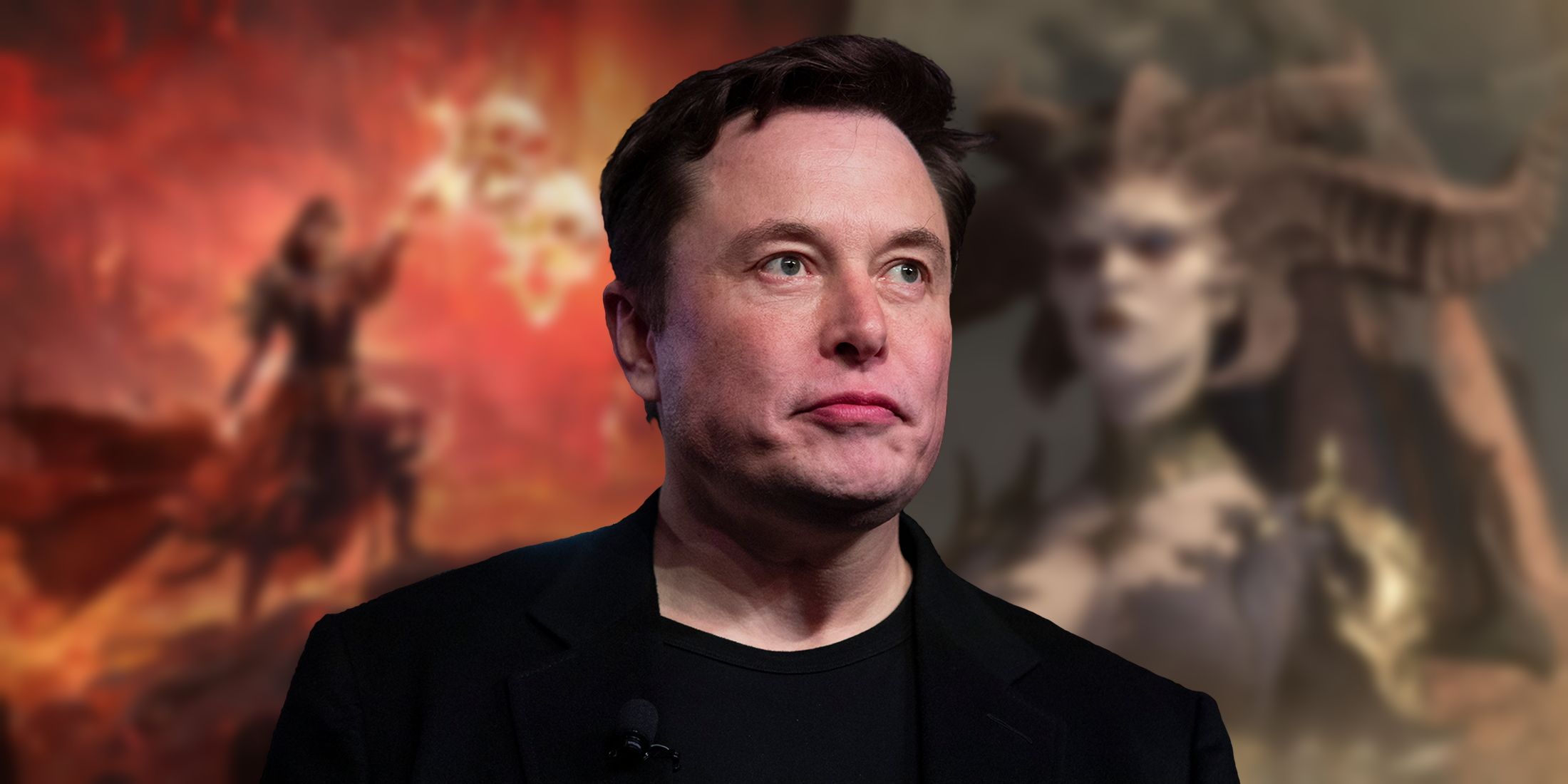 Blurred images of Diablo 4 and Path of Exile 2 with a photo of Elon Musk overlayed on top.