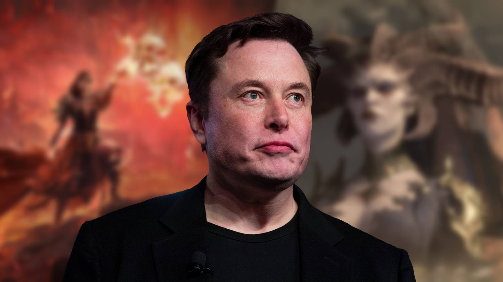 Blurred images of Diablo 4 and Path of Exile 2 with a photo of Elon Musk overlayed on top.