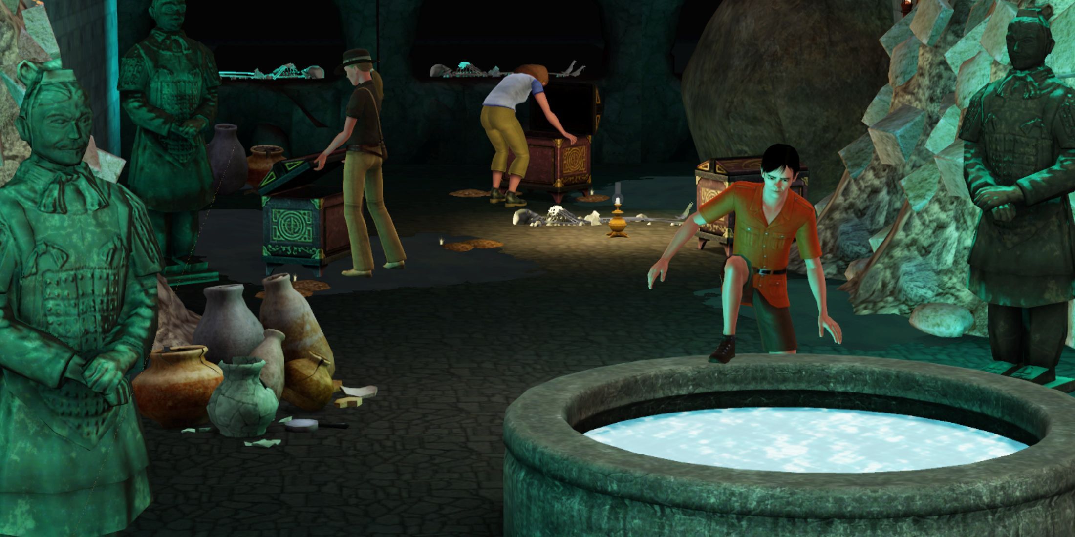 Explorers uncover treasures in a tomb, part of The Sims 3 World Adventures expansion