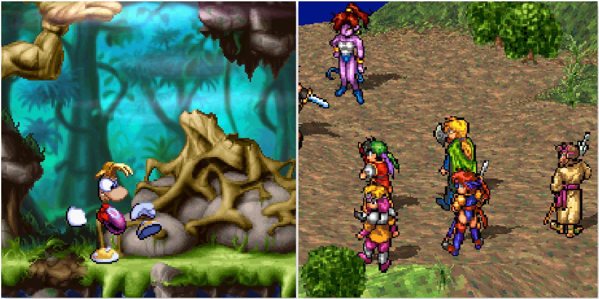 Exploring a level in Rayman and Fighting a battle in Suikoden