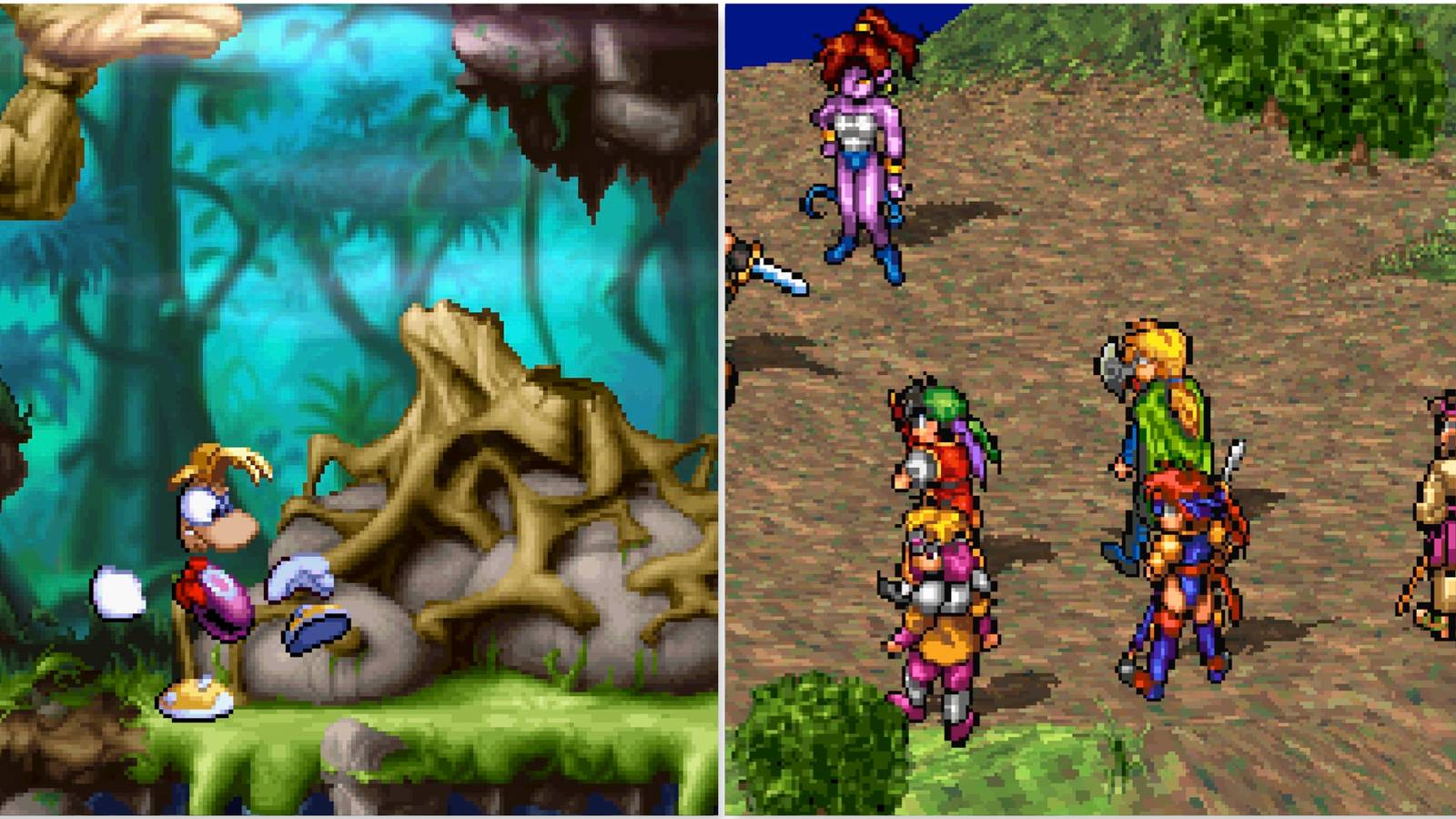 Exploring a level in Rayman and Fighting a battle in Suikoden