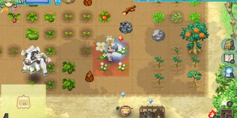 Farming mechanics featuring crops, a farm animal, and a player character in Rune Factory 4