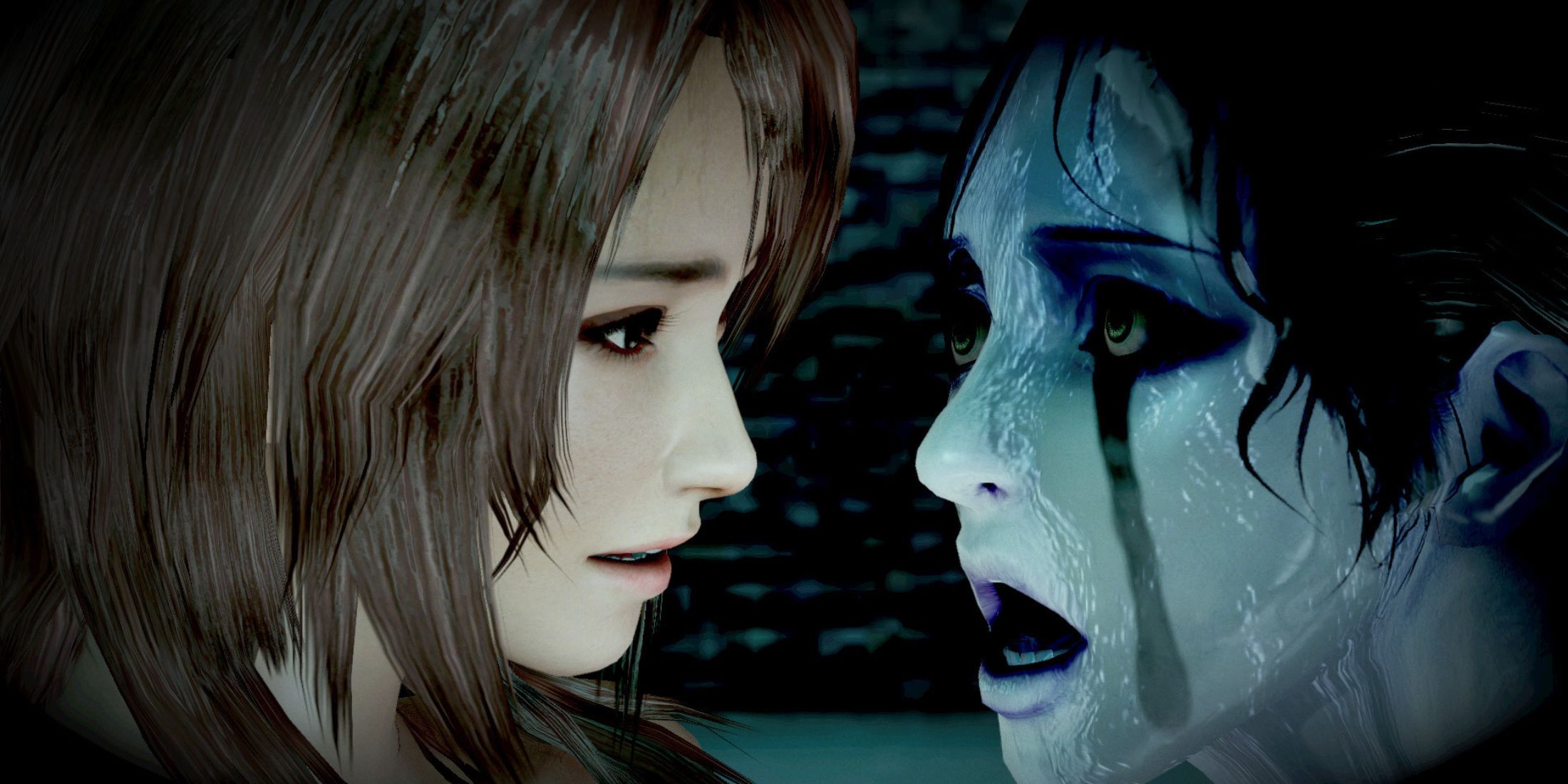 A girl with brown hair coming face to face with a ghost lady