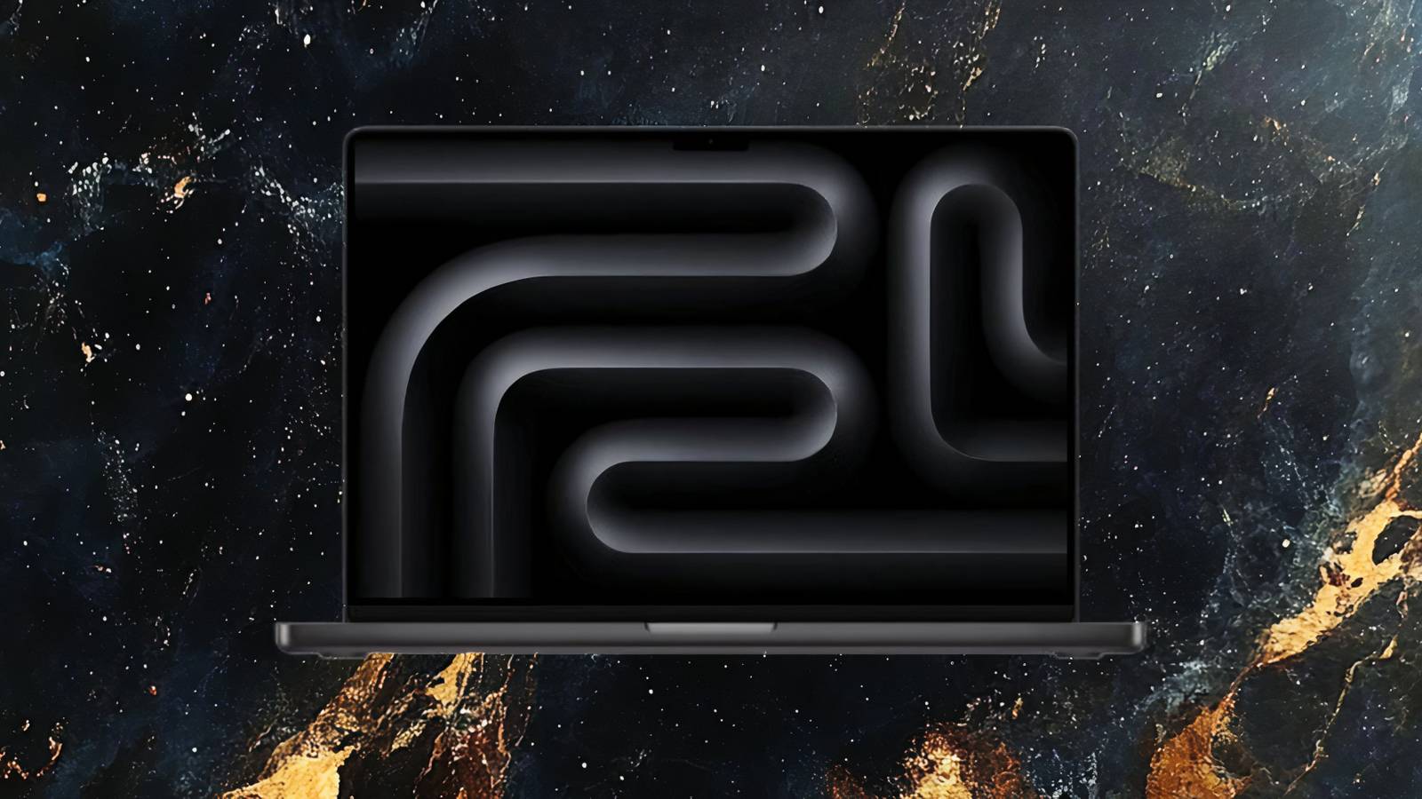 Macbook Pro M3 Max on a really cool galaxy black marble background.