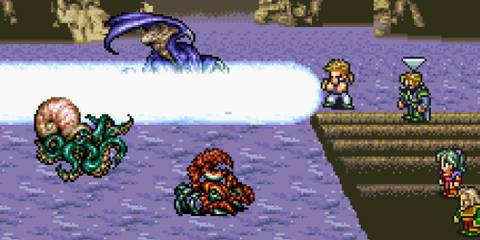Fighting a battle on a raft in Final Fantasy 6 Advance