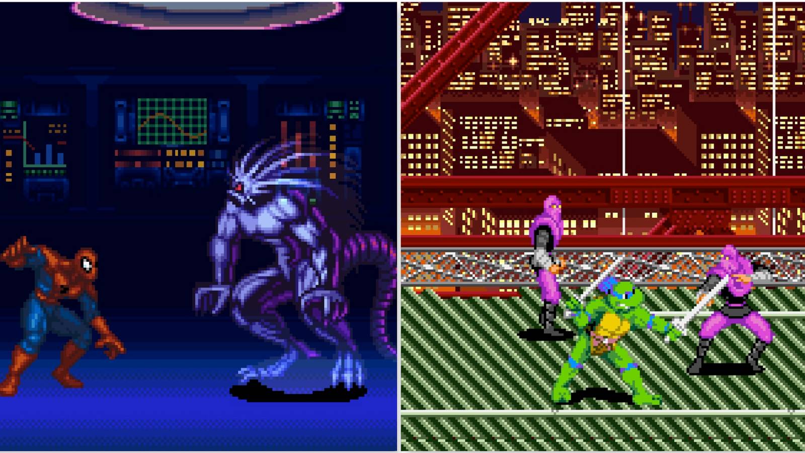 Fighting a Boss as Spider-Man in Marvel Super Heroes In War Of The Gems and fighting enemies in Teenage Mutant Ninja Turtles 4 Turtles In Time
