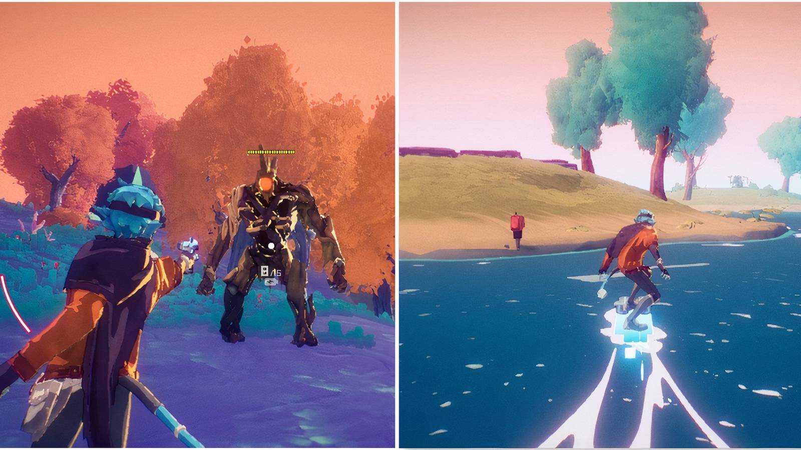 Fighting enemies and Surfing on water in Hyper Light Breaker