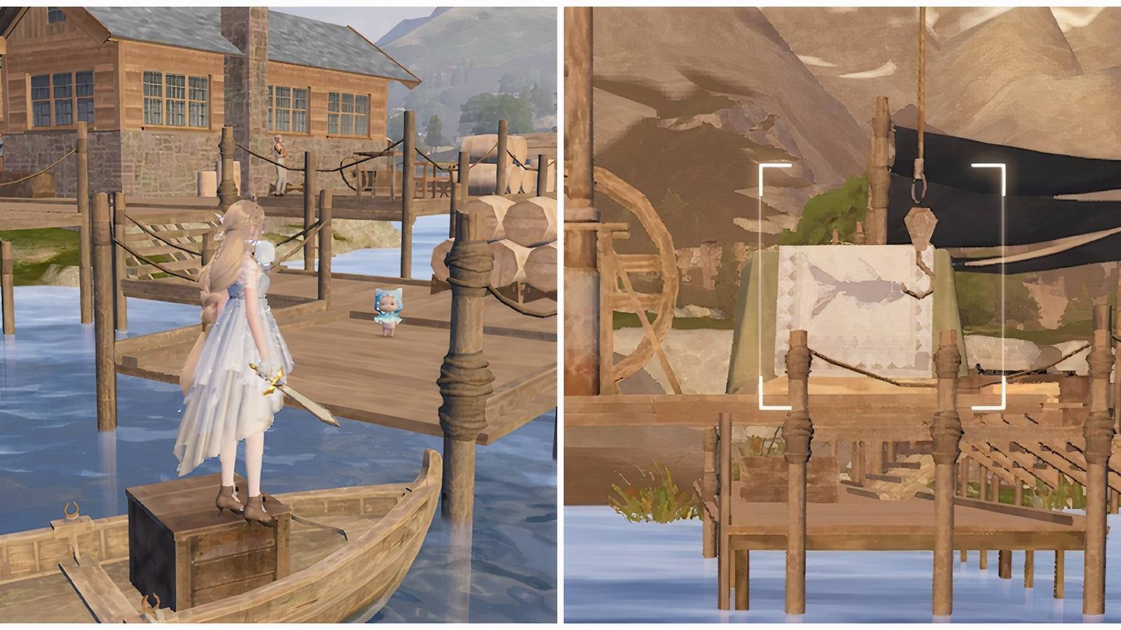 Split image of Nikki on the small boat and the fish on the hook in Infinity Nikki