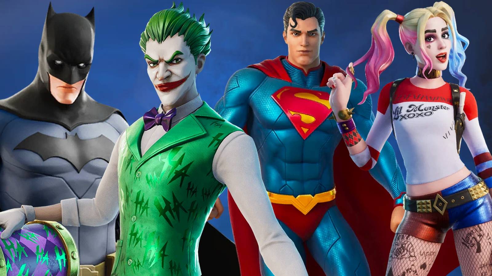 A promotional visual of multiple Fortnite DC skins showing Batman, The Joker, Superman, and Harley Quinn