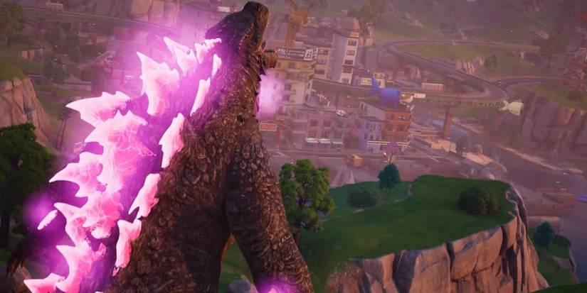 Godzilla roaring at the city in Fortnite