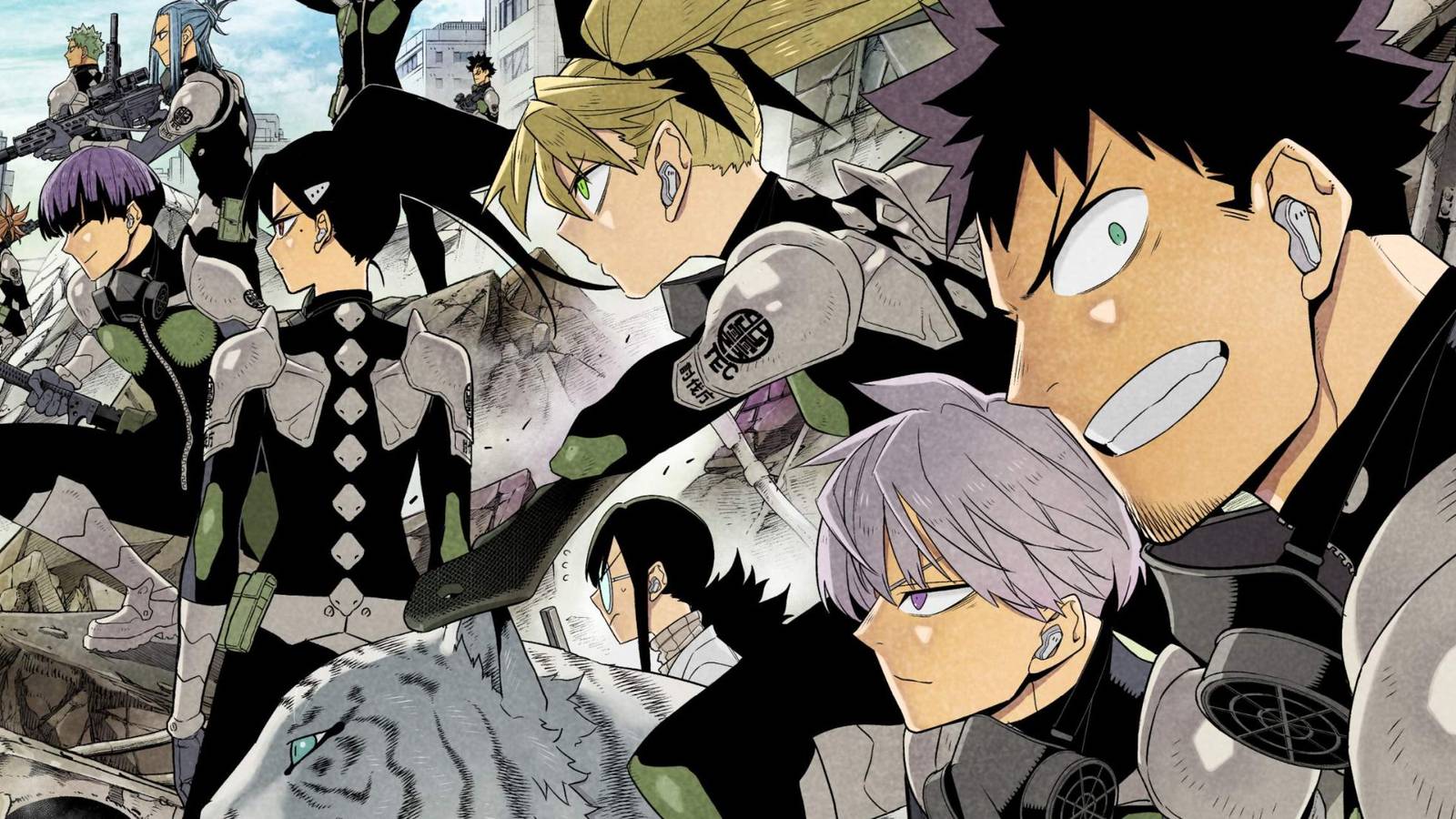 A group of characters from Kaiju No. 8 look forward.