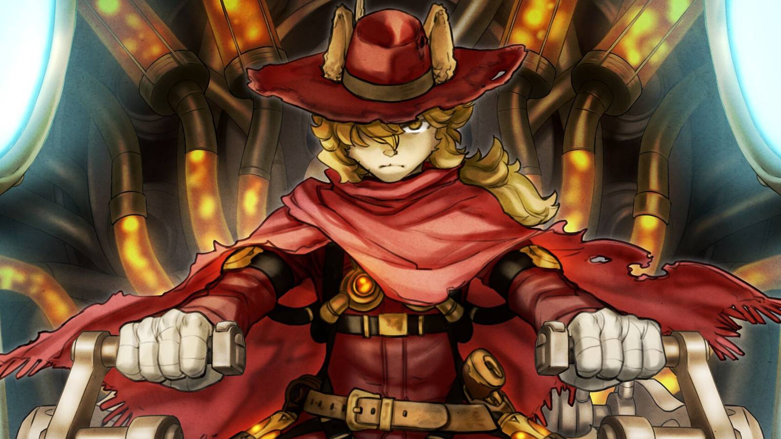 A man in a red coat and hat from Fuga Melodies of Steel 3 sits in a chair holding two handles.