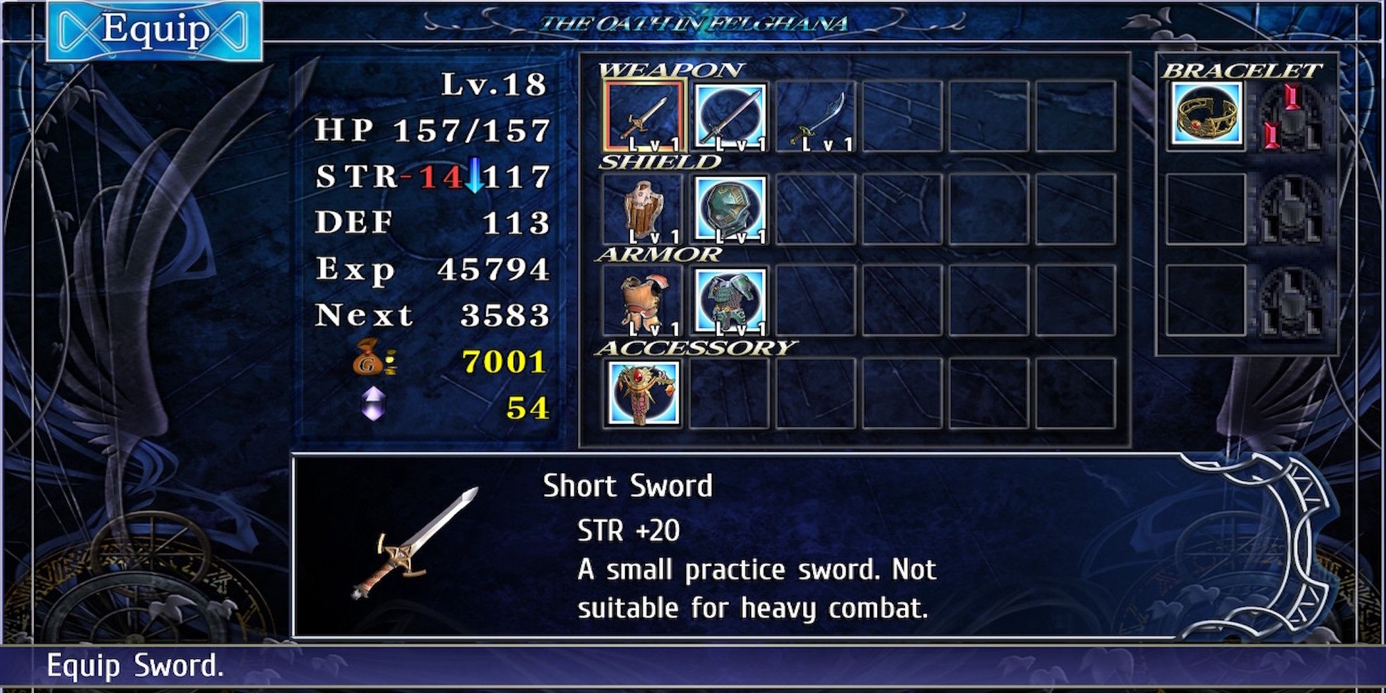 Gear menu in Ys Memoire The Oath in Felghana