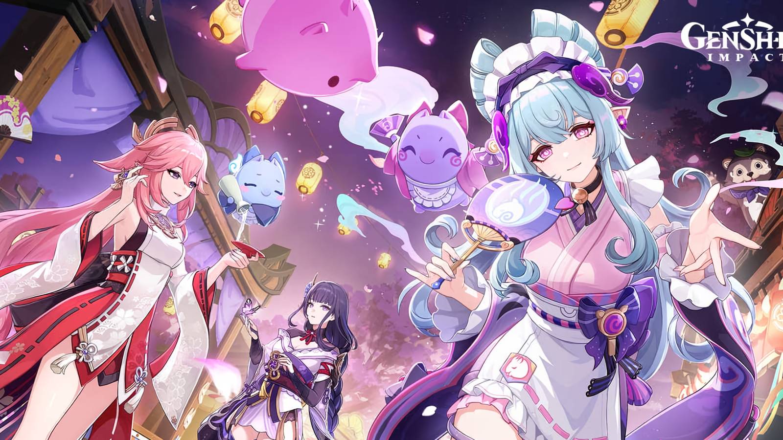 The key visual for Genshin Impact's Version 5.4 showing Mizuki, Yae Miko, and Raiden Shogun.