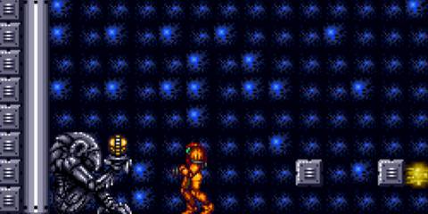 Getting a power-up in Super Metroid