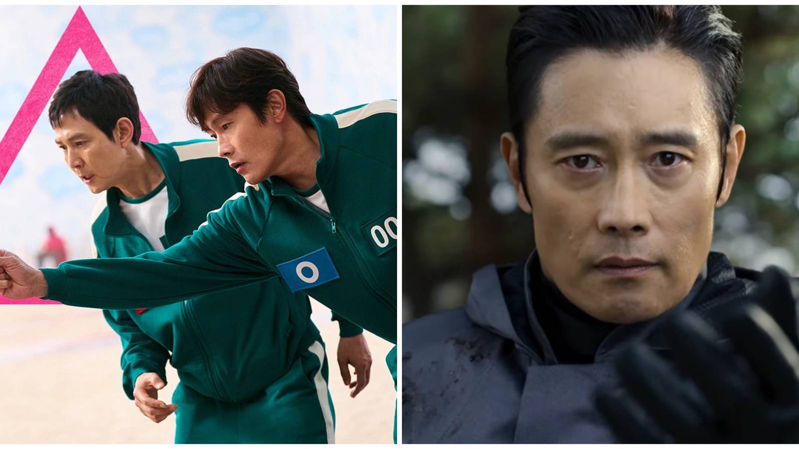 Split image of Gi-hun and Young-il playing the games together and the Front Man in season 1 in Squid Game