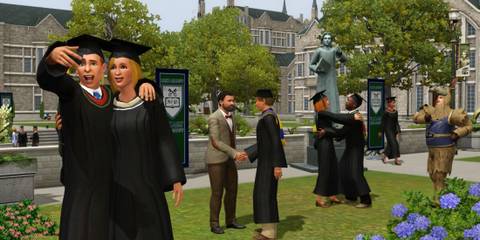 Graduating Sims taking a selfie in their caps and gowns on campus in The Sims 3 University Life